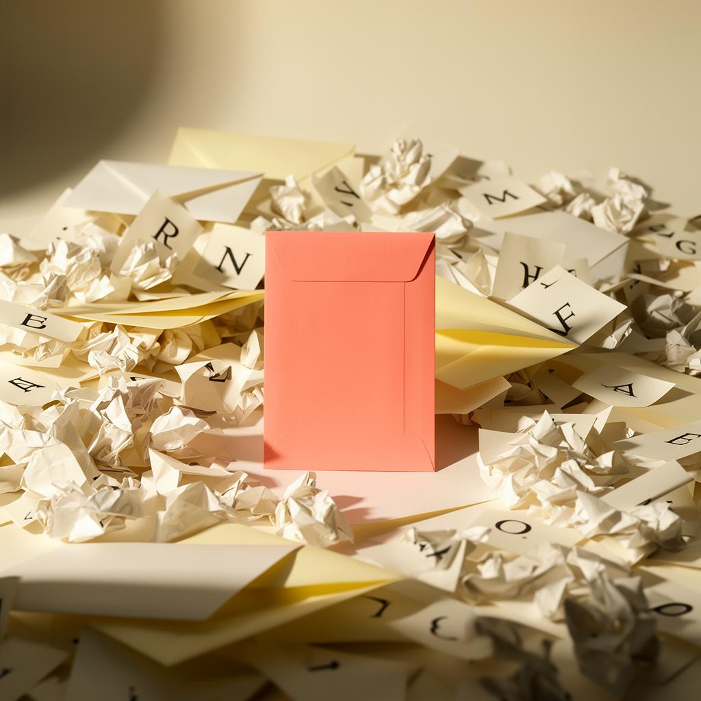 A single coral envelope stands out amid a pile of crumpled, discarded letters.